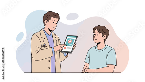 Doctor showing medical data on tablet to patient, healthcare consultation online