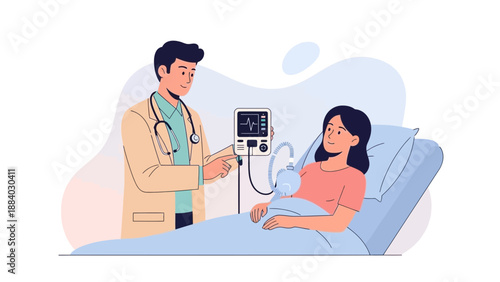 Doctor with Patient in Hospital Bed, Medical Monitor and Ventilator