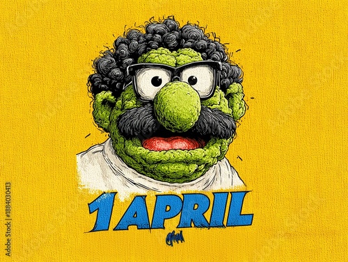 April Fools Day cartoon character with glasses and mustache, macaron-style muppet vector illustration on yellow background for t-shirt print