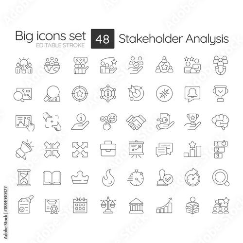 Stakeholder analysis line icons set. Goal setting, strategic planning. Human resources, business management. Isolated vector outline illustrations. Thin lineart iconset symbols. Editable stroke