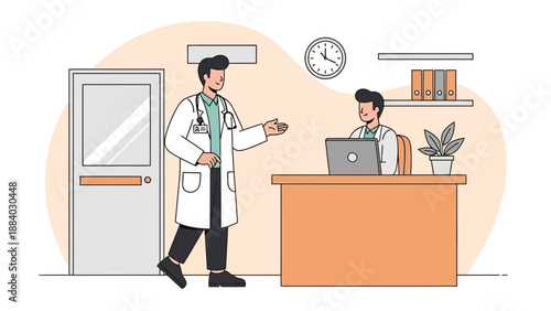 Doctors in clinic, medical consultation, healthcare professionals at work