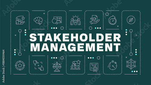 Stakeholder management dark green word concept. Corporate meetings, feedback surveys. Horizontal vector image. Headline text surrounded by editable outline icons. Hubot Sans font used