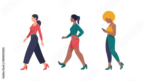 Four diverse women in various poses and outfits on a white background