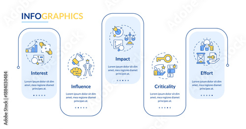 Stakeholder analysis rectangle infographic vector. Project organization, statistical growth. Data visualization with 5 steps. Editable rectangular options chart. Lato-Bold, Regular fonts used