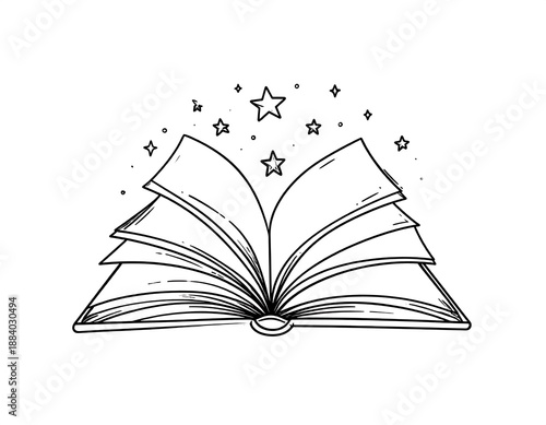 Open book with shining stars, drawn in black and white with a simple illustration style