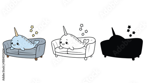 A cartoon narwhal relaxes on a couch in different color styles and formats.