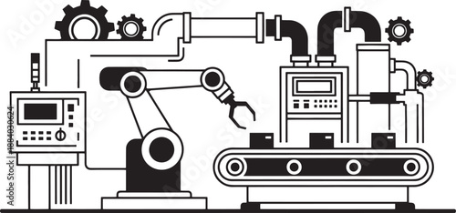 Black and white sketched factory automation line with robotic arm and conveyor belt industrial manufacturing