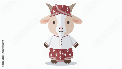 A cute cartoon goat dressed in traditional Malay attire, including a songkok and a sarong, standing against a white background.