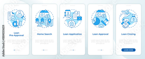 Loan approval blue onboarding mobile app screen. House mortgage. Walkthrough 5 steps editable graphic instructions with linear concepts. UI, UX, GUI. Montserrat SemiBold, Regular fonts used