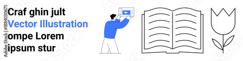 Man interacts with video, open book symbolizes knowledge, and tulip embodies creativity. Ideal for education, e-learning, inspiration, knowledge sharing, online courses, personal growth simple
