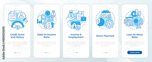 Mortgage payment blue onboarding mobile app screen. Financial analysis. Walkthrough 5 steps editable graphic instructions with linear concepts. UI, UX, GUI. Montserrat SemiBold, Regular fonts used