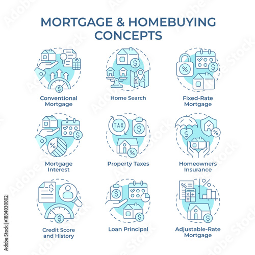 Mortgage and homebuying soft blue concept icons. Property taxes, homeowners insurance. Loan approval. Icon pack. Vector images. Round shape illustrations for presentation, booklet. Abstract idea