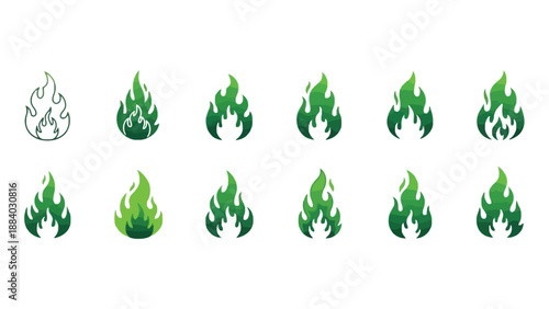 A collection of green flame icons in various shades and styles