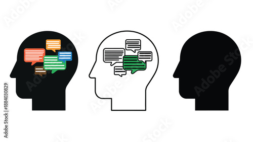 A creative illustration of human heads with speech bubbles in the brain