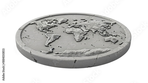 The world map is made out of concrete with black background and.