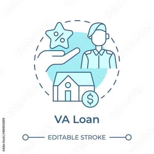 VA loan soft blue concept icon. Home ownership, interest rate. Military veterans. Round shape line illustration. Abstract idea. Graphic design. Easy to use in presentation, booklet