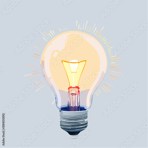 A glowing lightbulb with illuminated filament is centered on a light background, symbolizing ideas and innovation.