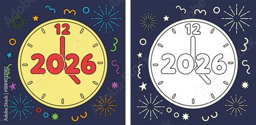 Happy New Year 2026 celebration clock vector illustration set with colorful midnight countdown and black and white outline coloring page for kids