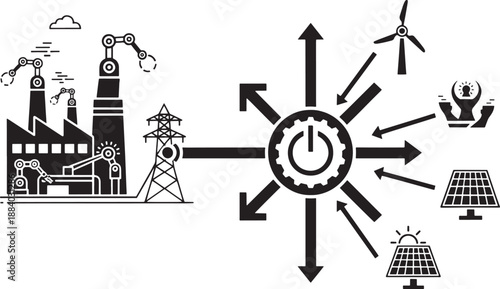 Black and white sketched factory power grid wind solar energy concept industrial electricity