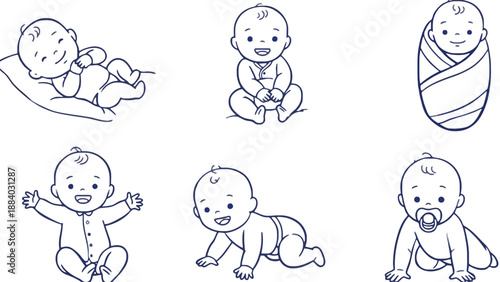 A set of adorable baby illustrations in various playful poses and stages of development