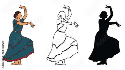 Three dancers in different styles and colors performing a traditional Indian dance