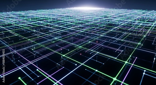 Futuristic grid network with glowing lines and nodes in a dark background