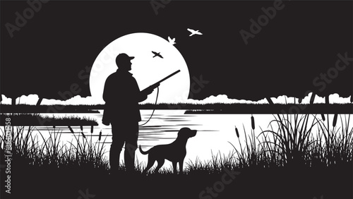 Hunter with dog watching ducks flying over sunset lake