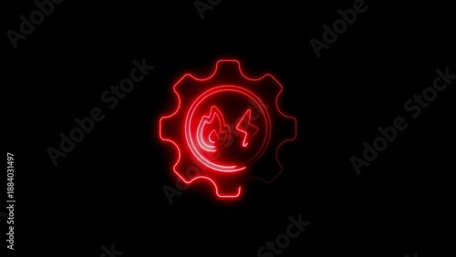 Red Neon Gear Symbol with Fire and Lightning Icons on Black Background cogwheel