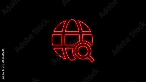 Red neon globe with magnifying glass on black background