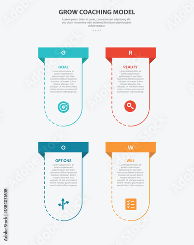 GROW coaching model infographic outline style with 4 point template with vertical round box container with rectangle header top for slide presentation