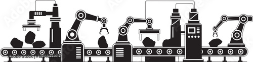 Black and white sketched industrial factory conveyor belt with robotic arms automation 1