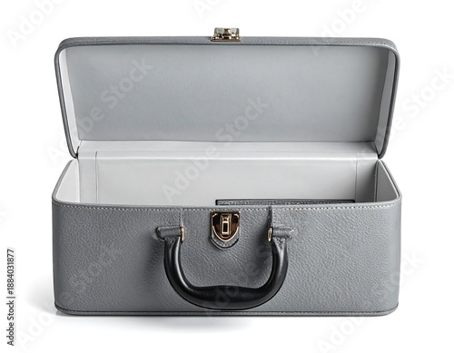 Open grey rectangular valise with black handle casting shadow on white background