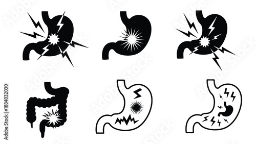 A collection of stomach and intestine icons with pain and discomfort