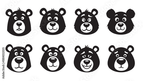 Set of eight cartoon bear faces showing different emotions and expressions