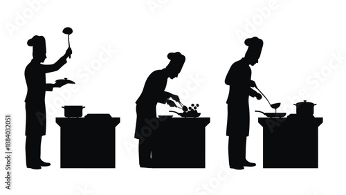 A chef prepares food in a kitchen with various cooking utensils and pots