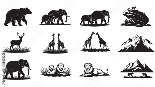 Set of wild animals and mountain landscape illustrations isolated