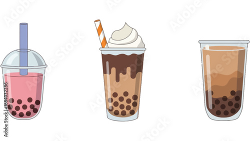 A colorful illustration of three bubble tea drinks on a white background