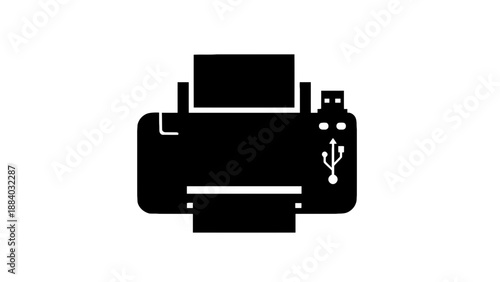 A black and white icon of a modern printer with USB connectivity