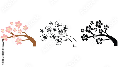 A colorful illustration of a cherry blossom tree in different styles and colors