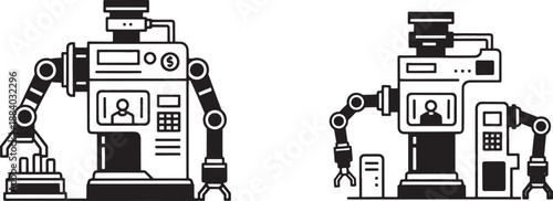 Black and white sketched robots with robotic arms and control panels machine technology