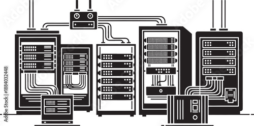 Black and white sketched server racks and network cables in a data center technology computer