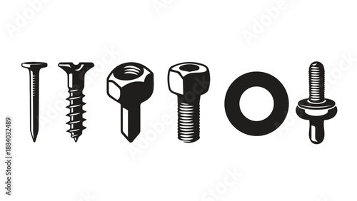 A collection of various hardware tools and fasteners on a white background