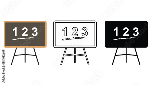 Three blackboards with numbers on stands in a row