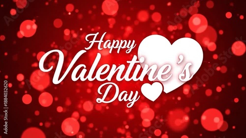 Happy valentines day greeting with white heart on red background with bokeh lights