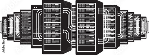 Black and white sketched server racks with cables and network equipment data center technology