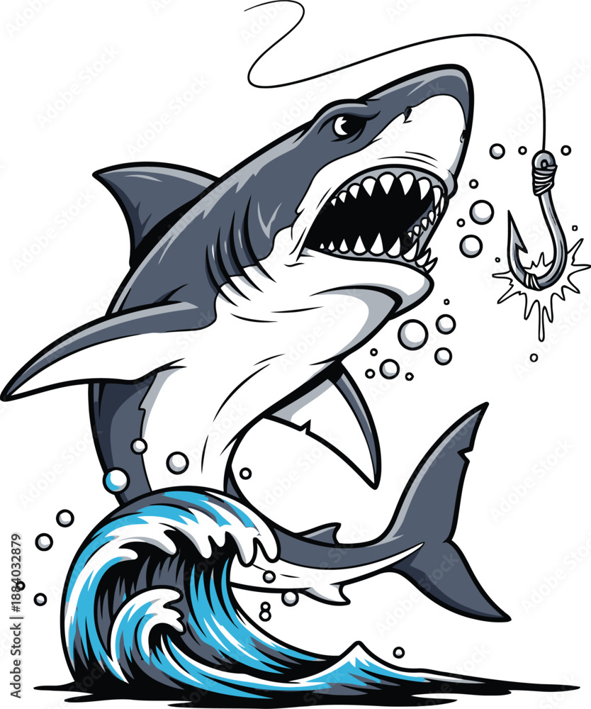 Naklejka premium Cartoon shark jumping out of the water with open mouth and sharp teeth.