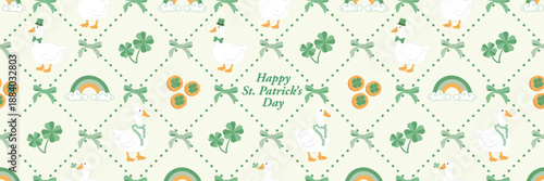Whimsical St. Patrick’s Day seamless pattern with cute goose, shamrock clovers, rainbows, bows, and lucky coins in soft green tones. Perfect for festive backgrounds, kids designs, wrapping paper
