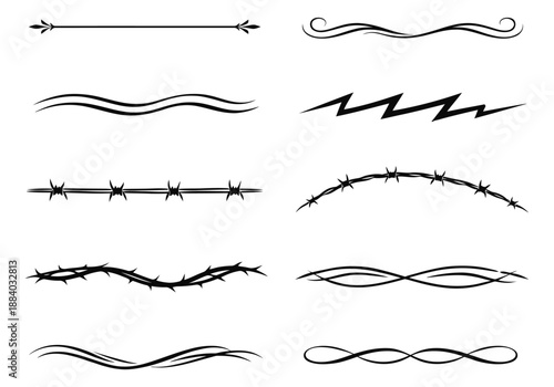 Diverse line art dividers and borders set featuring ornamental flourishes, barbed wire, and abstract designs for creative projects
