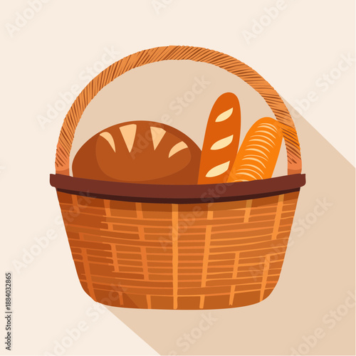 A wicker basket overflowing with freshly baked bread loaves and baguettes on a table indoors