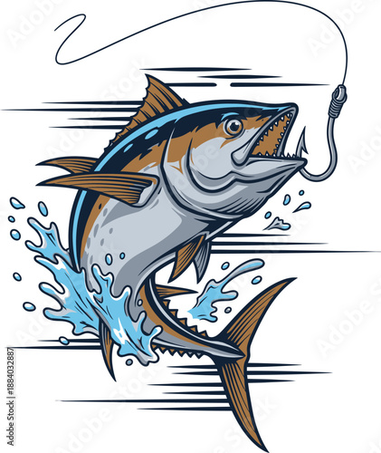 Tuna Fish Leaping Out of Water with Fishing Hook.